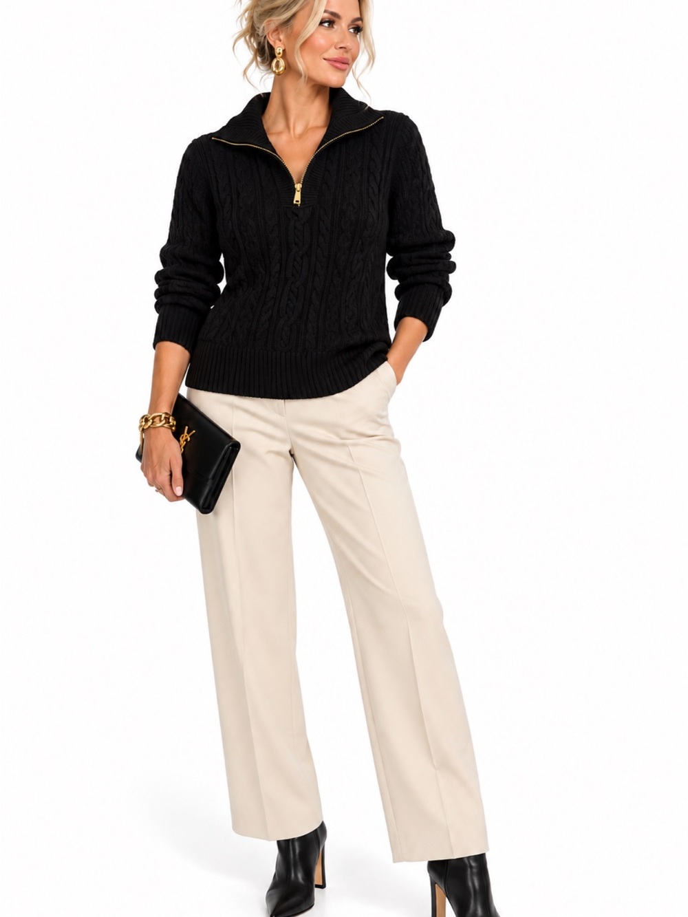 Lauren Ralph Lauren Black Cable Knit Quarter Zip Sweater SZ XL EUC